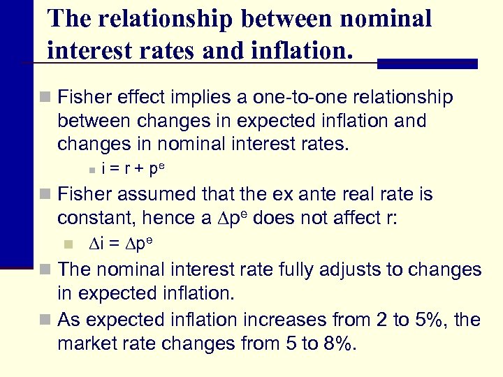The relationship between nominal interest rates and inflation. n Fisher effect implies a one-to-one