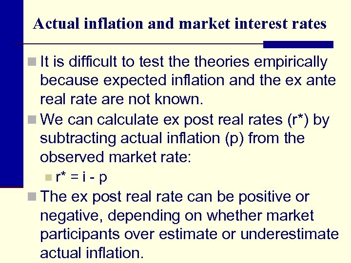 Actual inflation and market interest rates n It is difficult to test theories empirically