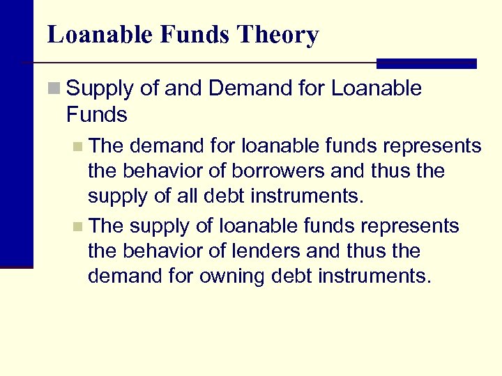 Loanable Funds Theory n Supply of and Demand for Loanable Funds n The demand