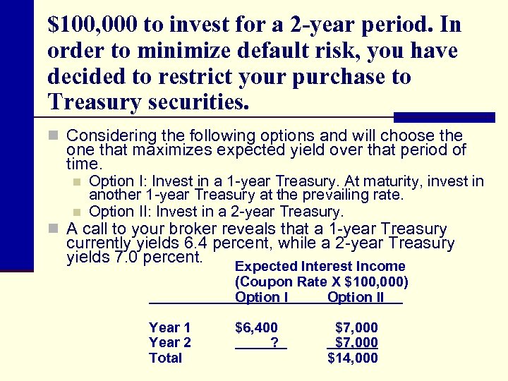 $100, 000 to invest for a 2 -year period. In order to minimize default