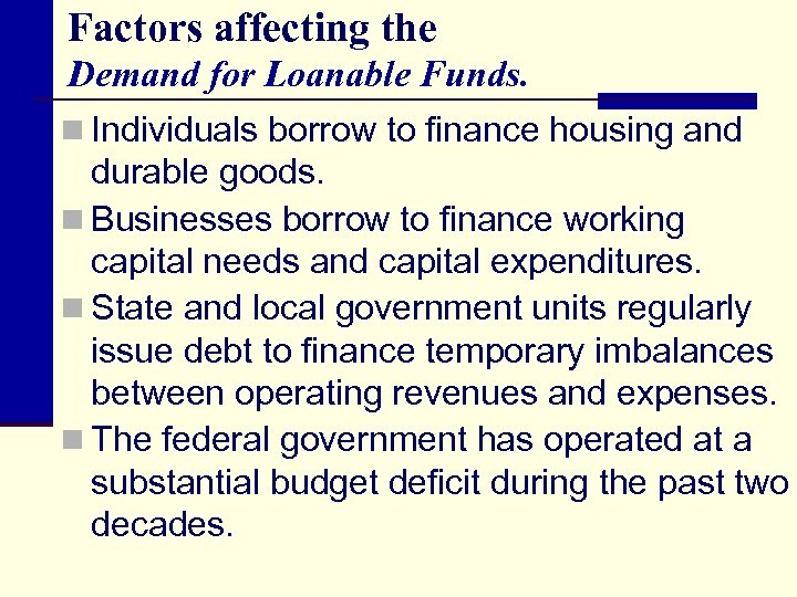 Factors affecting the Demand for Loanable Funds. n Individuals borrow to finance housing and