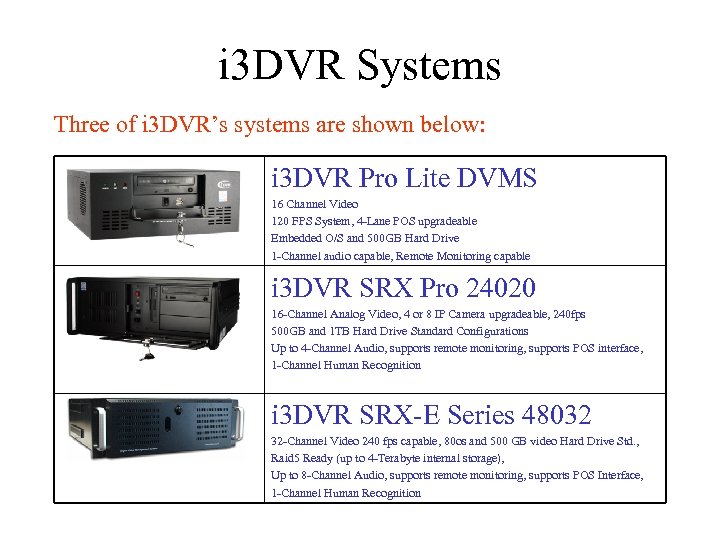 i 3 DVR Systems Three of i 3 DVR’s systems are shown below: i