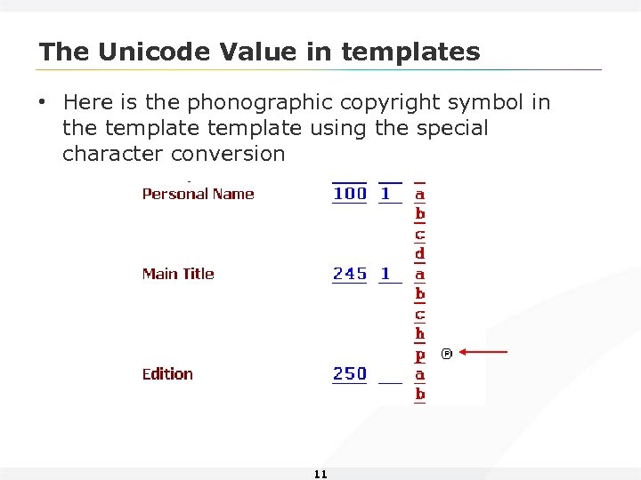 The Unicode Value in templates • Here is the phonographic copyright symbol in the