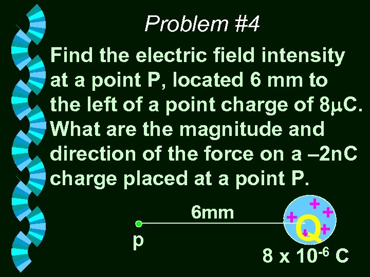 Problem #4 Find the electric field intensity at a point P, located 6 mm