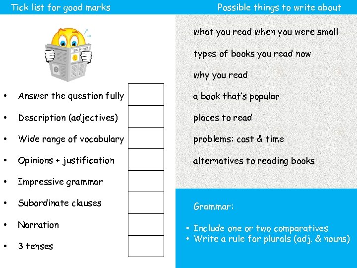 Tick list for good marks Possible things to write about what you read when
