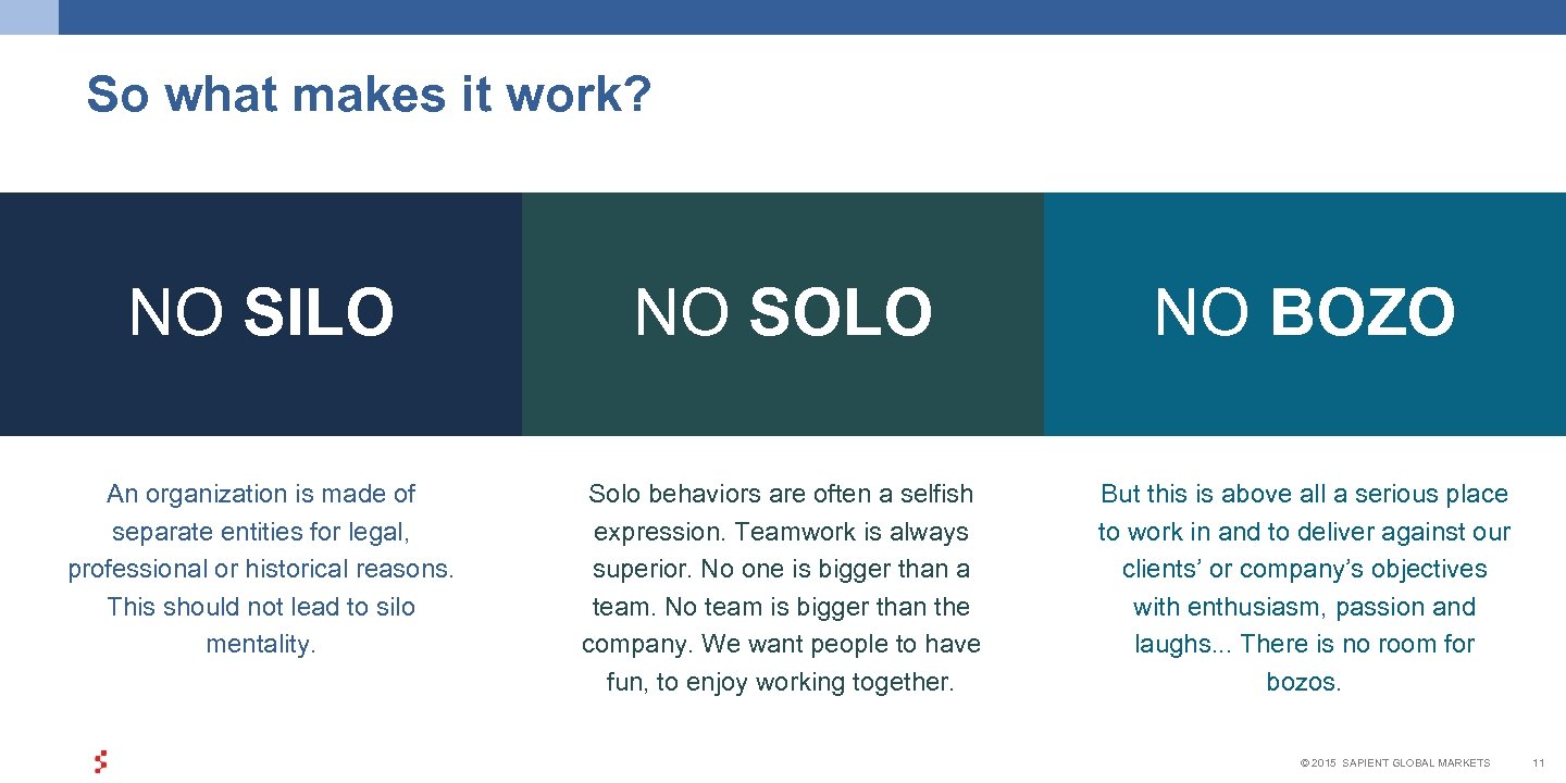 So what makes it work? NO SILO NO SOLO NO BOZO An organization is