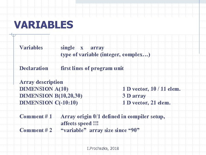 VARIABLES Variables single x array type of variable (integer, complex…) Declaration first lines of