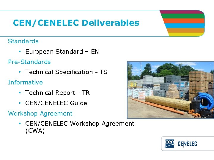 CEN/CENELEC Deliverables Standards • European Standard – EN Pre-Standards • Technical Specification - TS