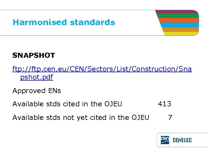 Harmonised standards SNAPSHOT ftp: //ftp. cen. eu/CEN/Sectors/List/Construction/Sna pshot. pdf Approved ENs Available stds cited