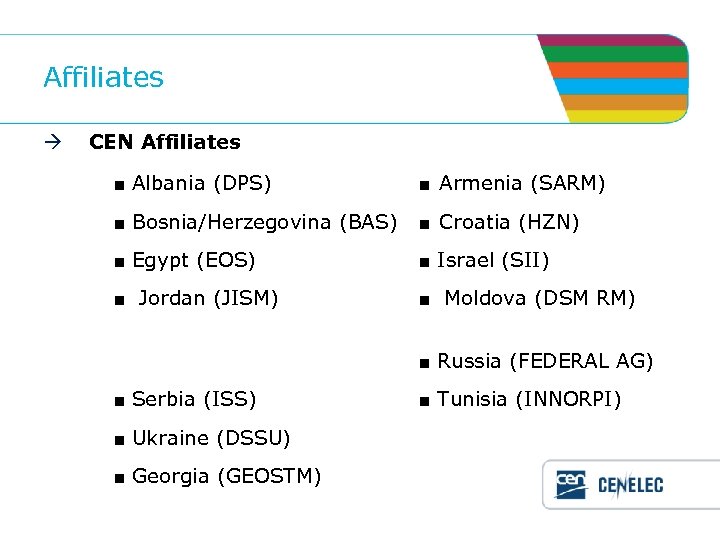 Affiliates CEN Affiliates ■ Albania (DPS) ■ Armenia (SARM) ■ Bosnia/Herzegovina (BAS) ■ Croatia