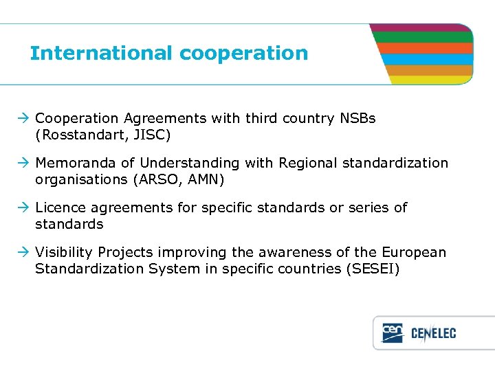 International cooperation Cooperation Agreements with third country NSBs (Rosstandart, JISC) Memoranda of Understanding with