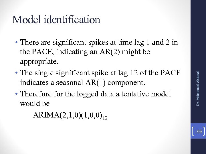  • There are significant spikes at time lag 1 and 2 in the