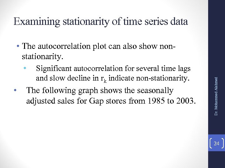 Examining stationarity of time series data • • Significant autocorrelation for several time lags
