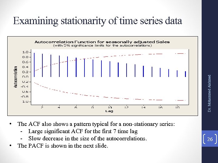 Dr. Mohammed Alahmed Examining stationarity of time series data • The ACF also shows