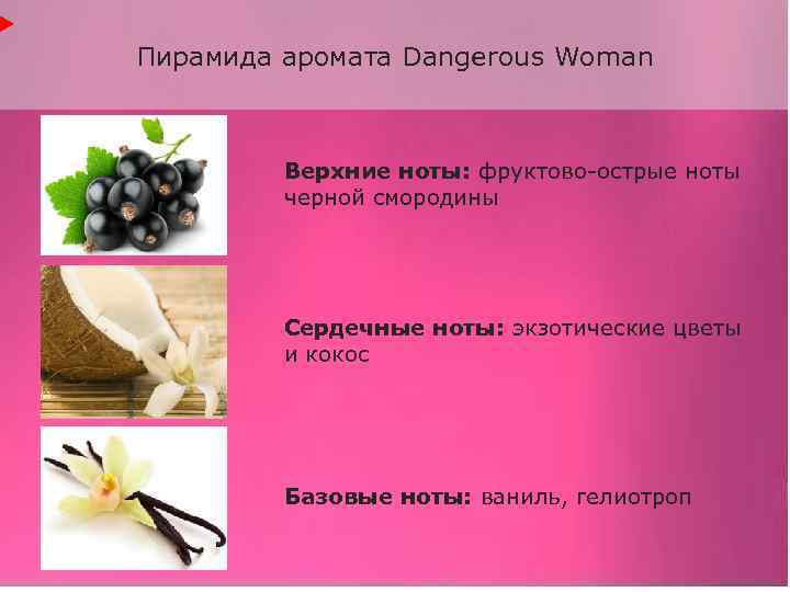 Пирамида аромата Dangerous Woman Верхние ноты: фруктово-острые ноты черной смородины Сердечные ноты: экзотические цветы