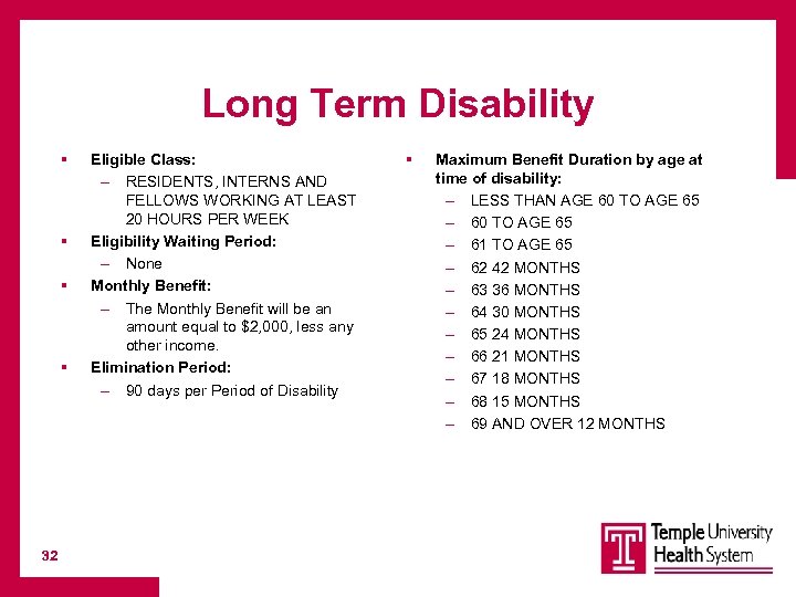 Long Term Disability § § 32 Eligible Class: – RESIDENTS, INTERNS AND FELLOWS WORKING