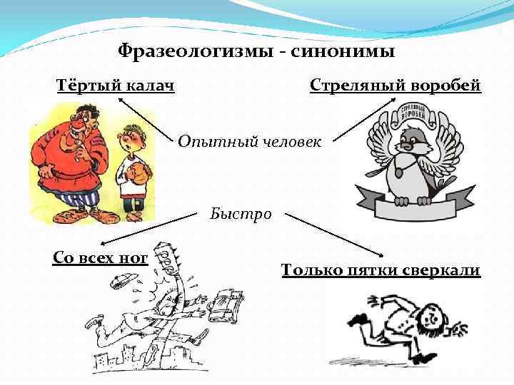 Фразеологизмы - синонимы Тёртый калач Стреляный воробей Опытный человек Быстро Со всех ног Только