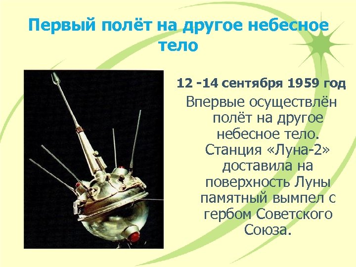 Первый полёт на другое небесное тело 12 -14 сентября 1959 год Впервые осуществлён полёт