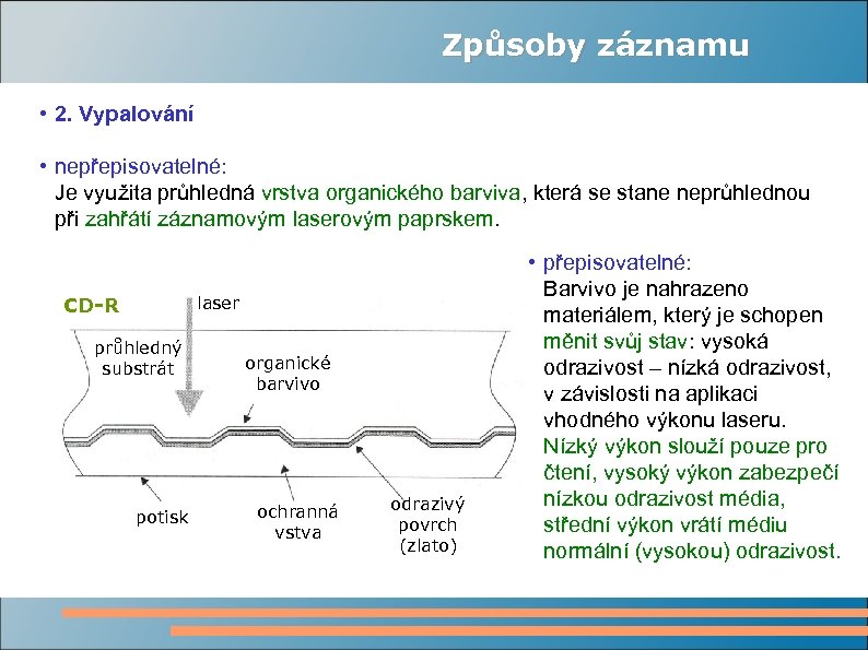Způsoby záznamu • 2. Vypalování • nepřepisovatelné: Je využita průhledná vrstva organického barviva, která