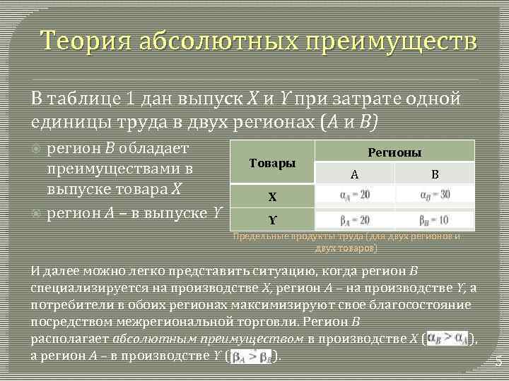 Теория абсолютных преимуществ В таблице 1 дан выпуск X и Υ при затрате одной