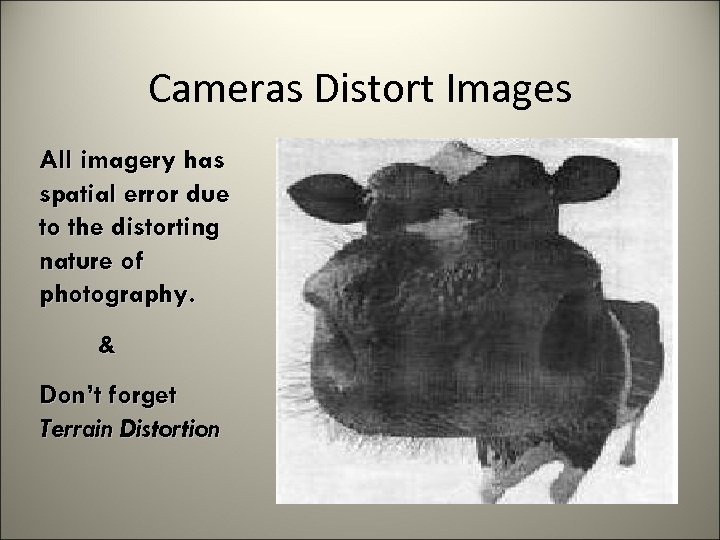 Cameras Distort Images All imagery has spatial error due to the distorting nature of