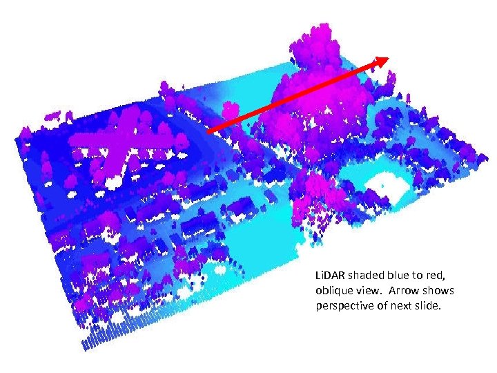 Li. DAR shaded blue to red, oblique view. Arrow shows perspective of next slide.
