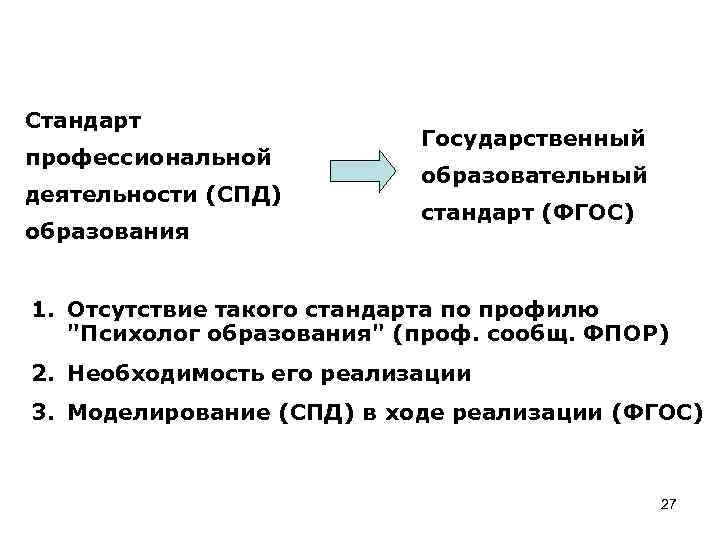 Стандарт профессиональной деятельности (СПД) образования Государственный образовательный стандарт (ФГОС) 1. Отсутствие такого стандарта по