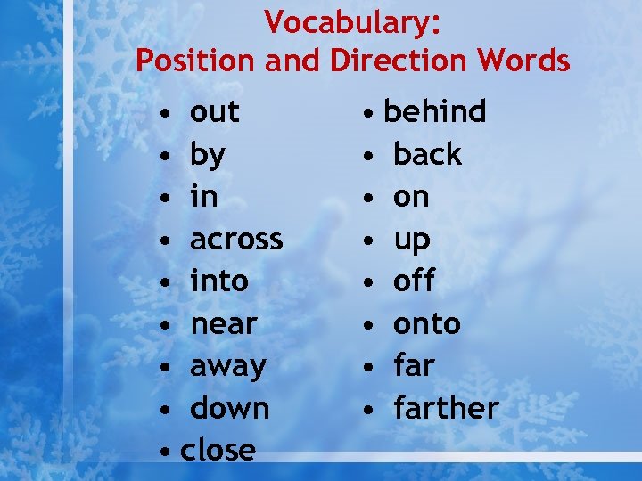 Vocabulary: Position and Direction Words • out • by • in • across •