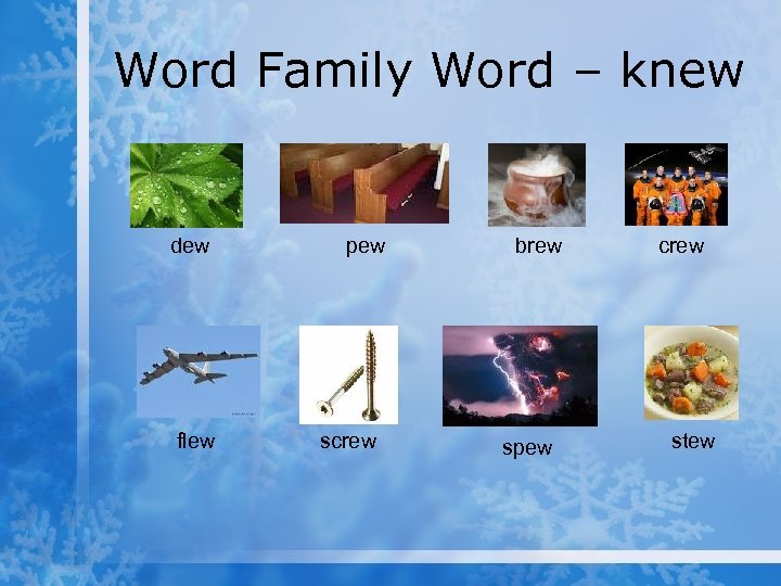 Word Family Word – knew dew flew pew screw brew spew crew stew 