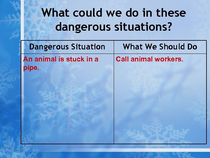 What could we do in these dangerous situations? Dangerous Situation An animal is stuck