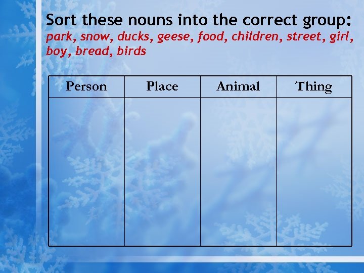 Sort these nouns into the correct group: park, snow, ducks, geese, food, children, street,