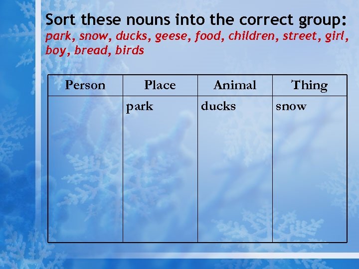 Sort these nouns into the correct group: park, snow, ducks, geese, food, children, street,