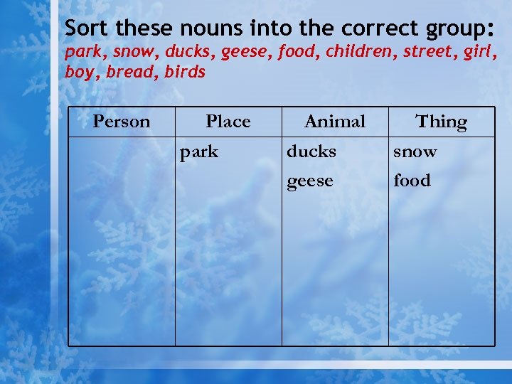 Sort these nouns into the correct group: park, snow, ducks, geese, food, children, street,