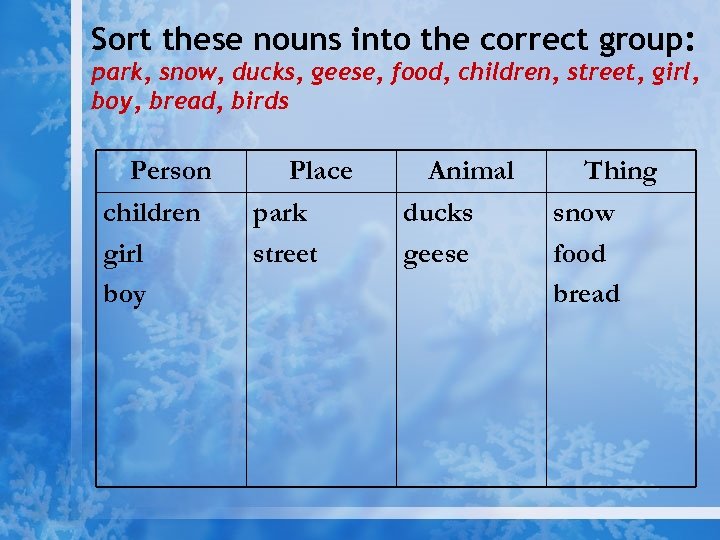 Sort these nouns into the correct group: park, snow, ducks, geese, food, children, street,