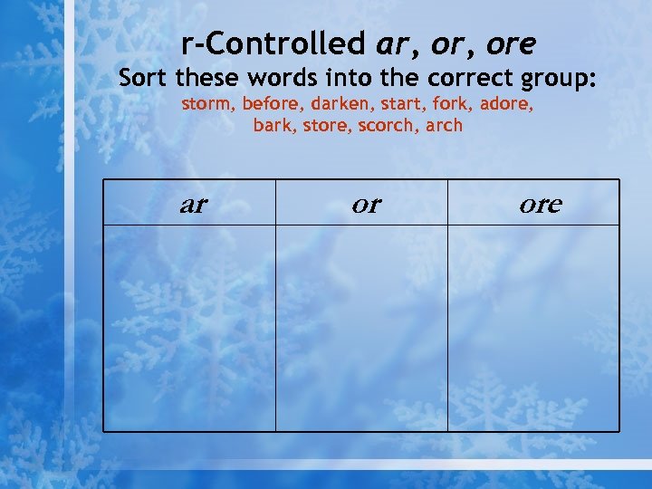 r-Controlled ar, ore Sort these words into the correct group: storm, before, darken, start,