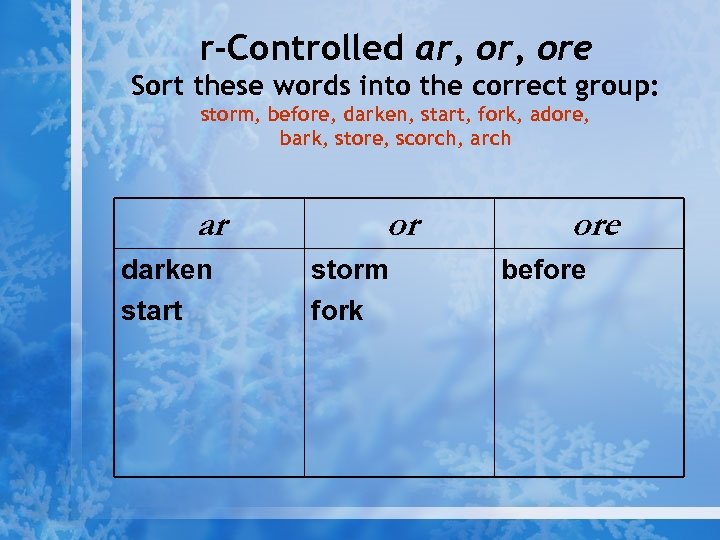 r-Controlled ar, ore Sort these words into the correct group: storm, before, darken, start,