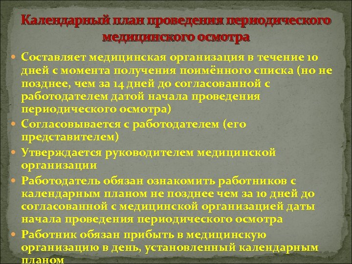 Календарный план проведения периодического медицинского осмотра Составляет медицинская организация в течение 10 дней с