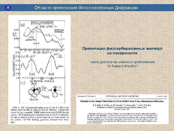 Области применения Фотоэлектронная Дифракции Ориентация физсорбированных молекул на поверхности часто достаточен анализ в приближении