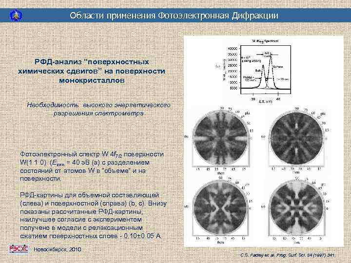 Области применения Фотоэлектронная Дифракции РФД-анализ “поверхностных химических сдвигов” на поверхности монокристаллов Необходимость высокого энергетического