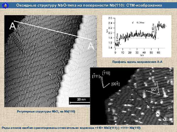 Оксидные структуру Nb. O-типа на поверхности Nb(110): СТМ-изображения Профиль вдоль направления А-А Регулярные структуры
