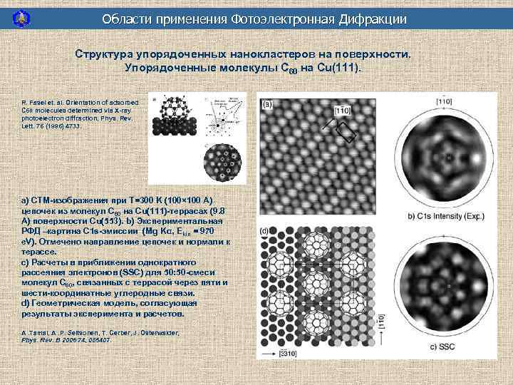 Области применения Фотоэлектронная Дифракции Структура упорядоченных нанокластеров на поверхности. Упорядоченные молекулы C 60 на