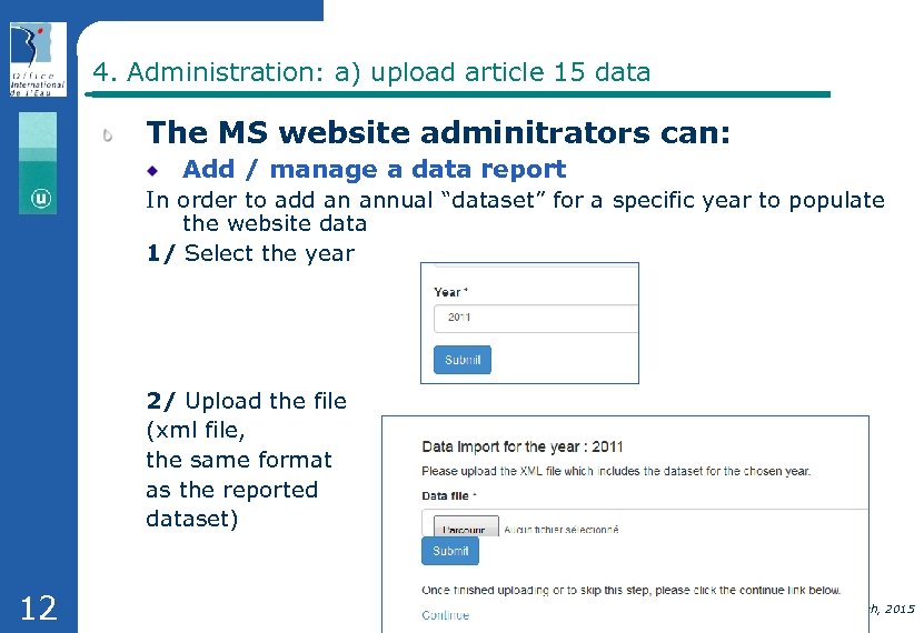 4. Administration: a) upload article 15 data The MS website adminitrators can: Add /