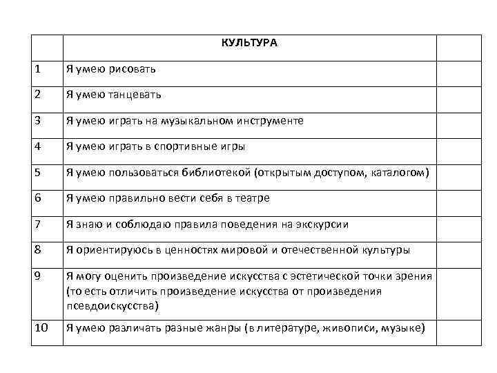 КУЛЬТУРА 1 Я умею рисовать 2 Я умею танцевать 3 Я умею играть на