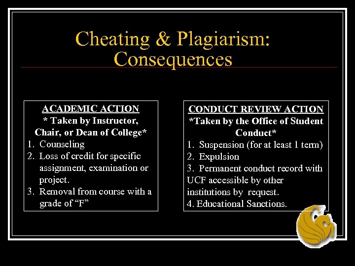 Cheating & Plagiarism: Consequences ACADEMIC ACTION * Taken by Instructor, Chair, or Dean of