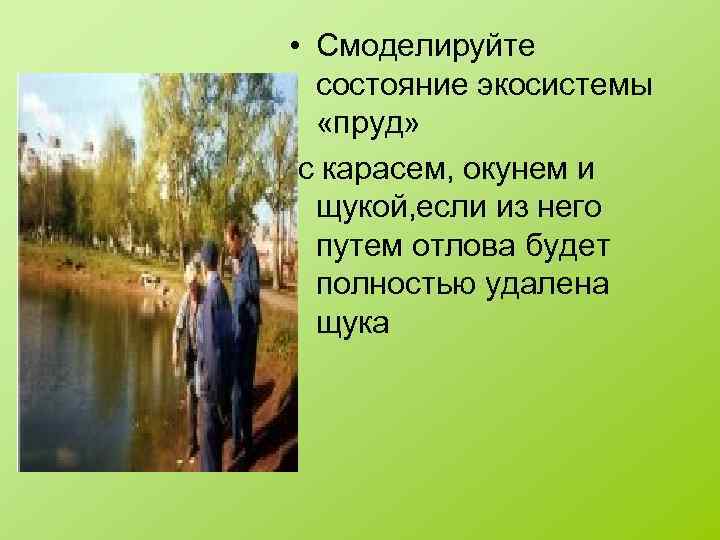  • Смоделируйте состояние экосистемы «пруд» с карасем, окунем и щукой, если из него