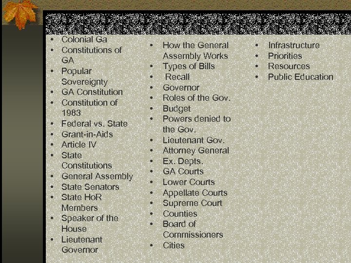  • Colonial Ga • Constitutions of GA • Popular Sovereignty • GA Constitution