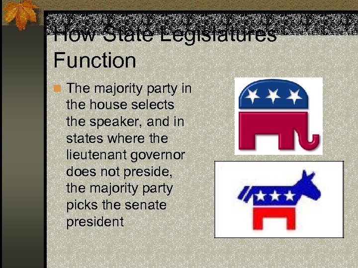 How State Legislatures Function n The majority party in the house selects the speaker,