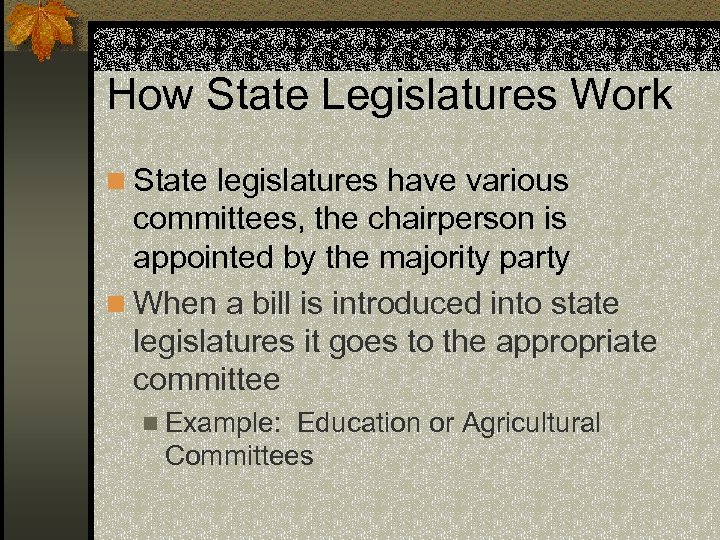 How State Legislatures Work n State legislatures have various committees, the chairperson is appointed