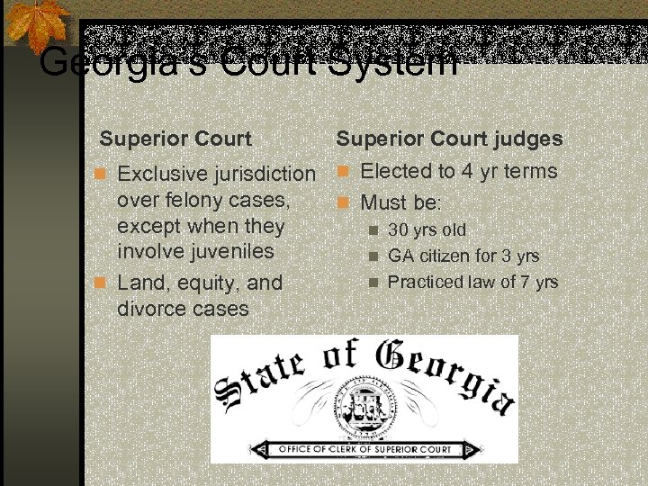 Georgia’s Court System Superior Court judges n Exclusive jurisdiction n Elected to 4 yr
