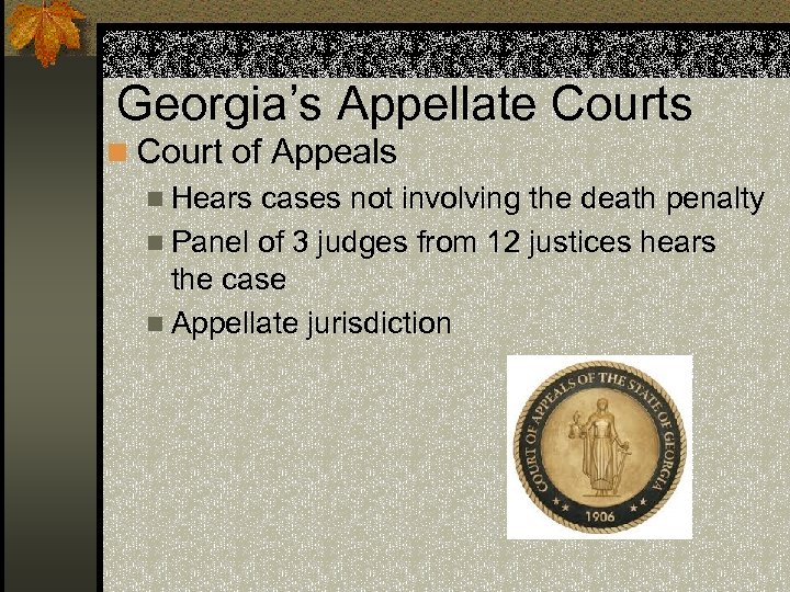 Georgia’s Appellate Courts n Court of Appeals n Hears cases not involving the death